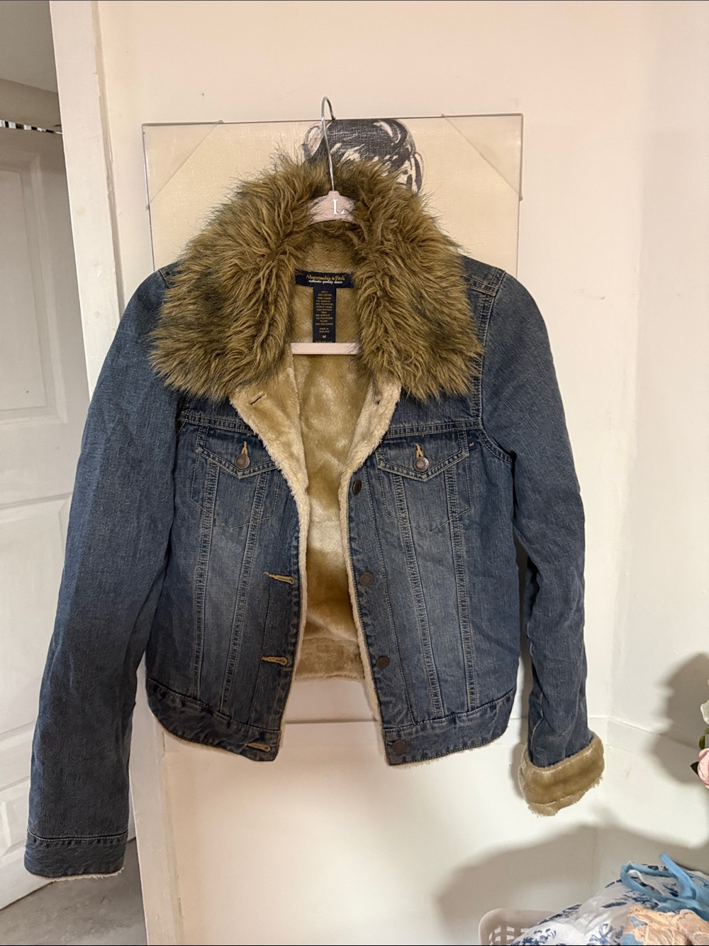Abercrombie & Fitch Dark Blue Denim Jacket with Tan Faux Fur